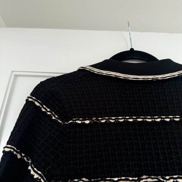 NWT Sandro Andina Cropped Cardigan Sweater Black Waffle Knit Embroidered Striped - Picture 9 of 9